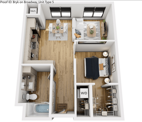 Floor plan for 1 bed, 1 bath, 670 sqft